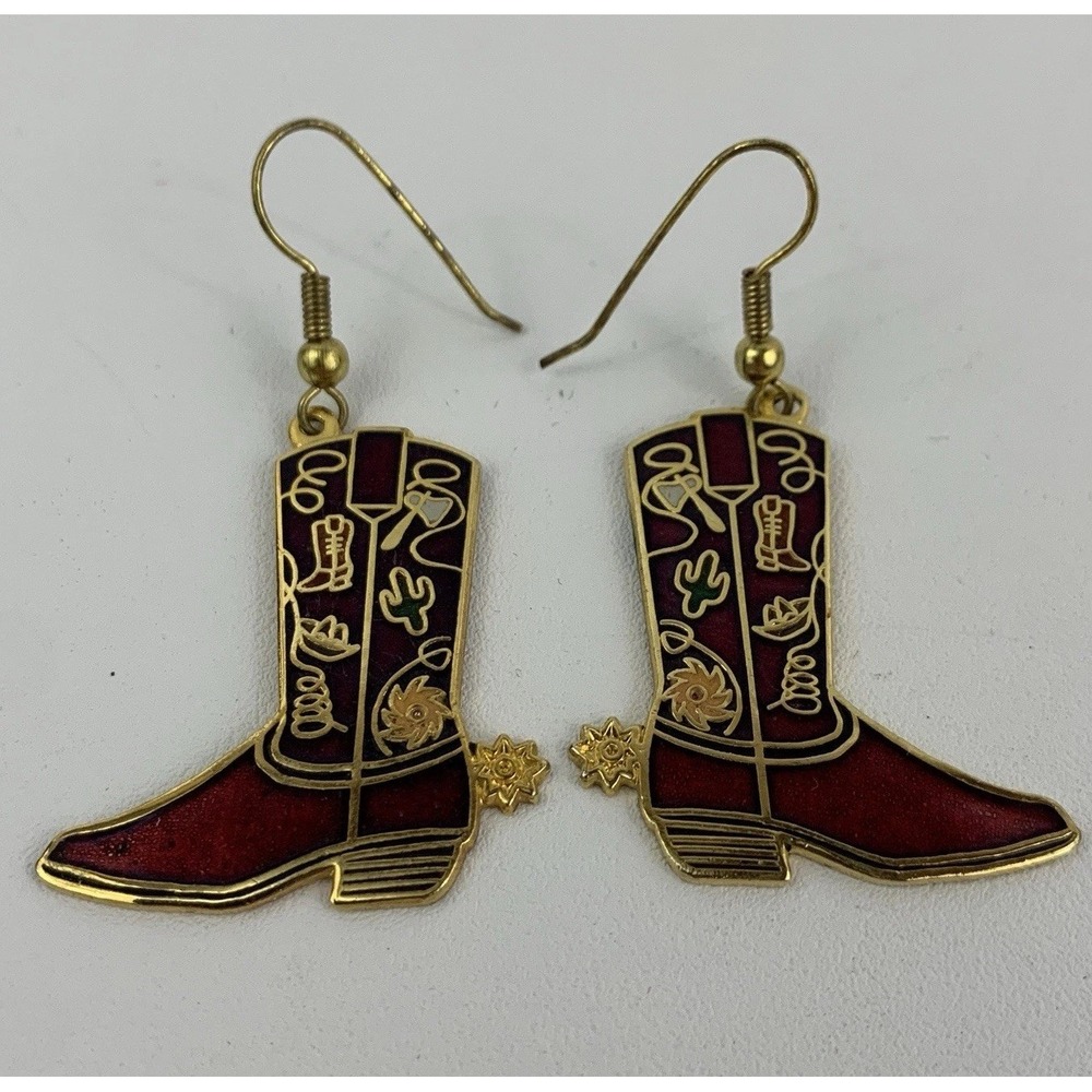 Cloisonné Red Cowboy Boots Drop Dangle Enamel Earrings Cowgirl Chic Vintage